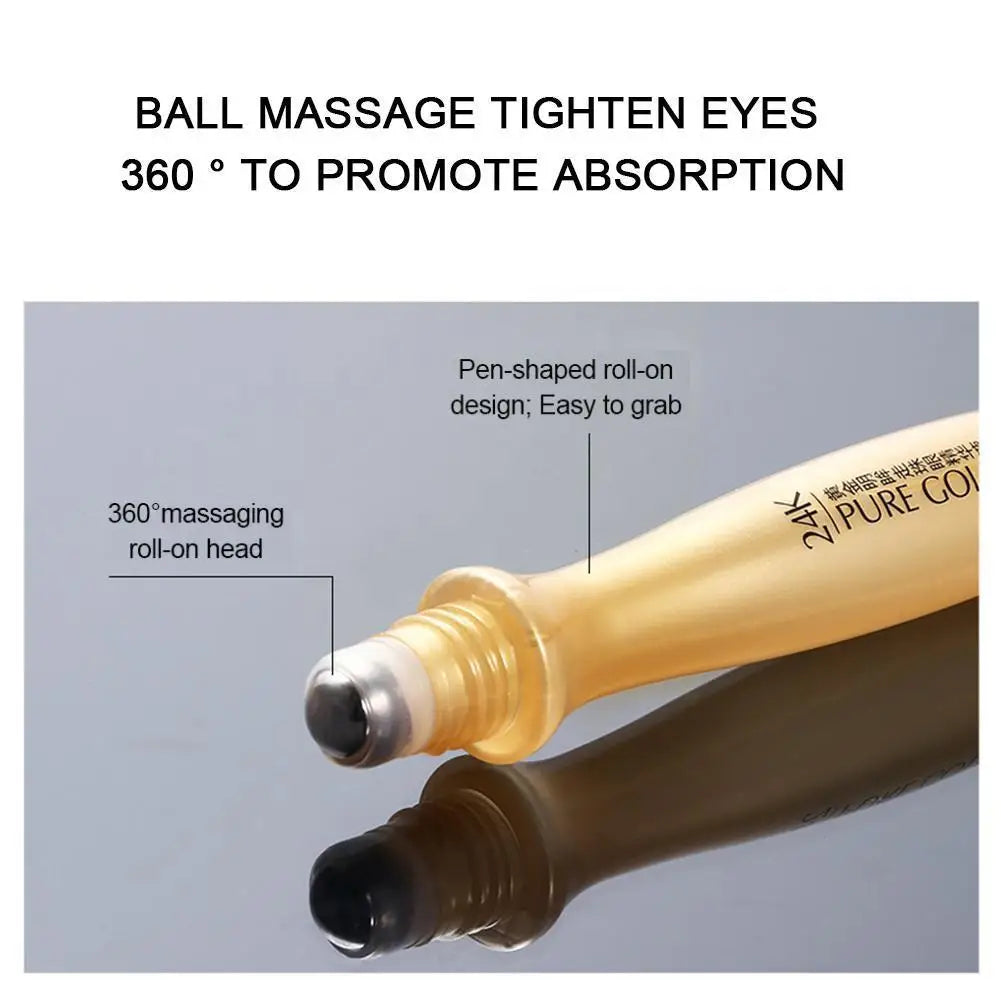 24K Gold Brightening Eye Roller Cream - Hydrating Serum for Dark Circles and Puffiness, 15ml