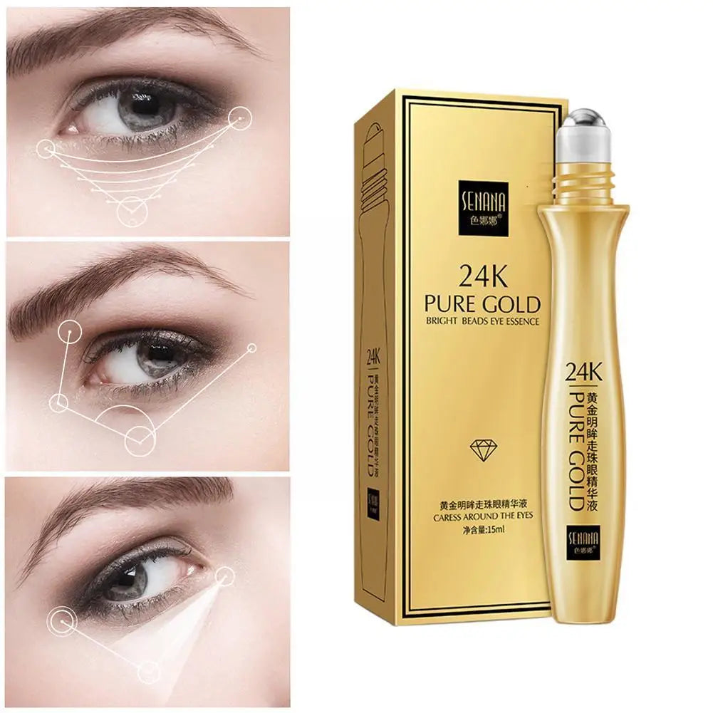 24K Gold Brightening Eye Roller Cream - Hydrating Serum for Dark Circles and Puffiness, 15ml